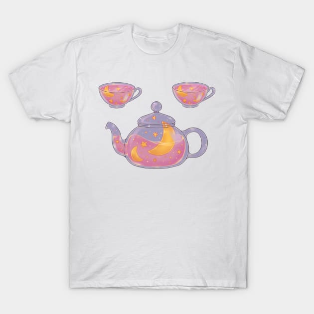 Soft pink night tea set with dark background T-Shirt by Itsacuteart